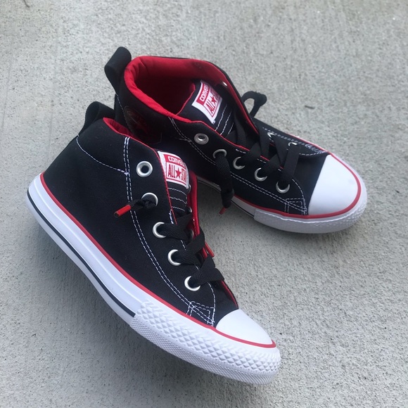 red and black converse shoes